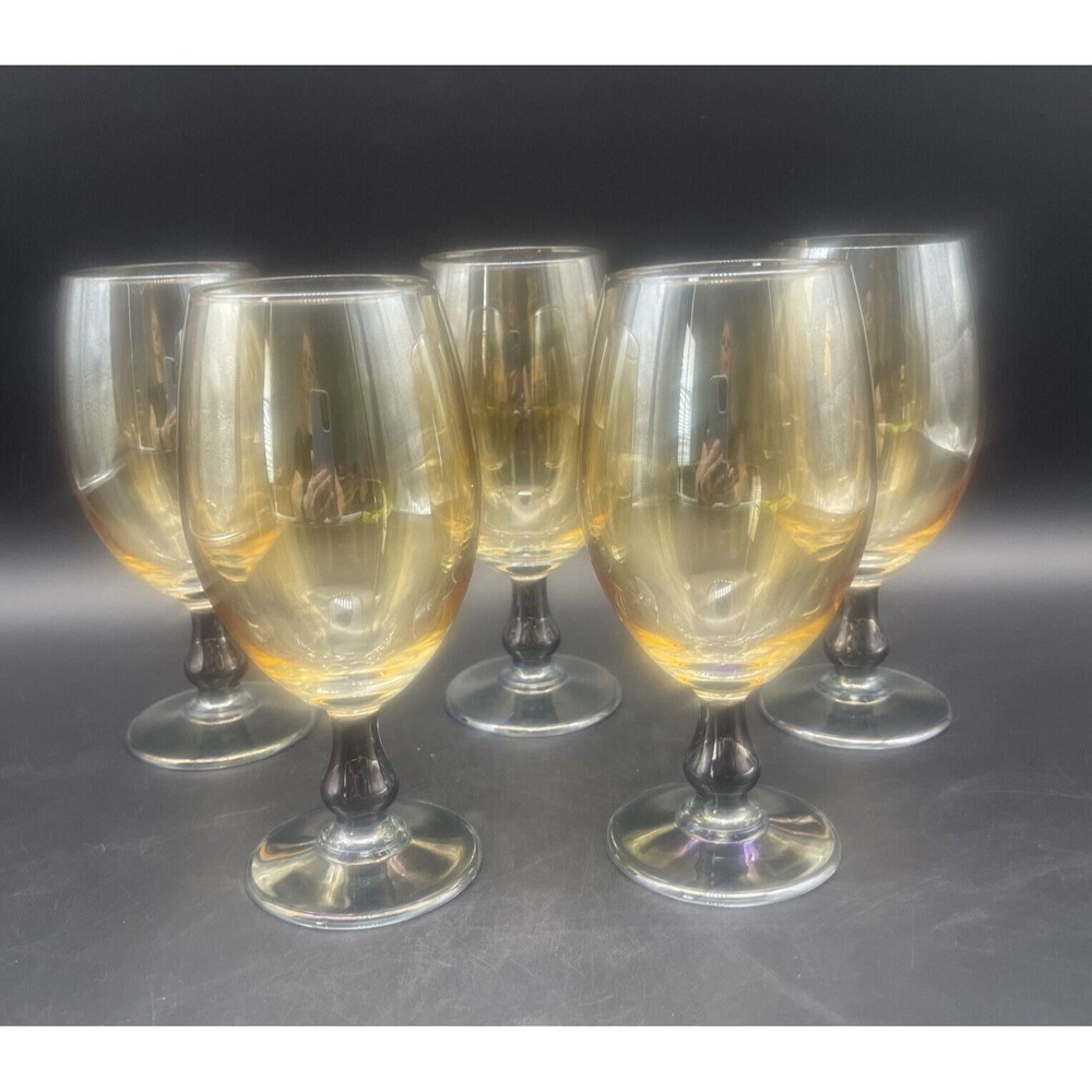 VTG Iridescent AMBER Wine Water‎ Glasses Goblets 7.5”  RARE Set of 5